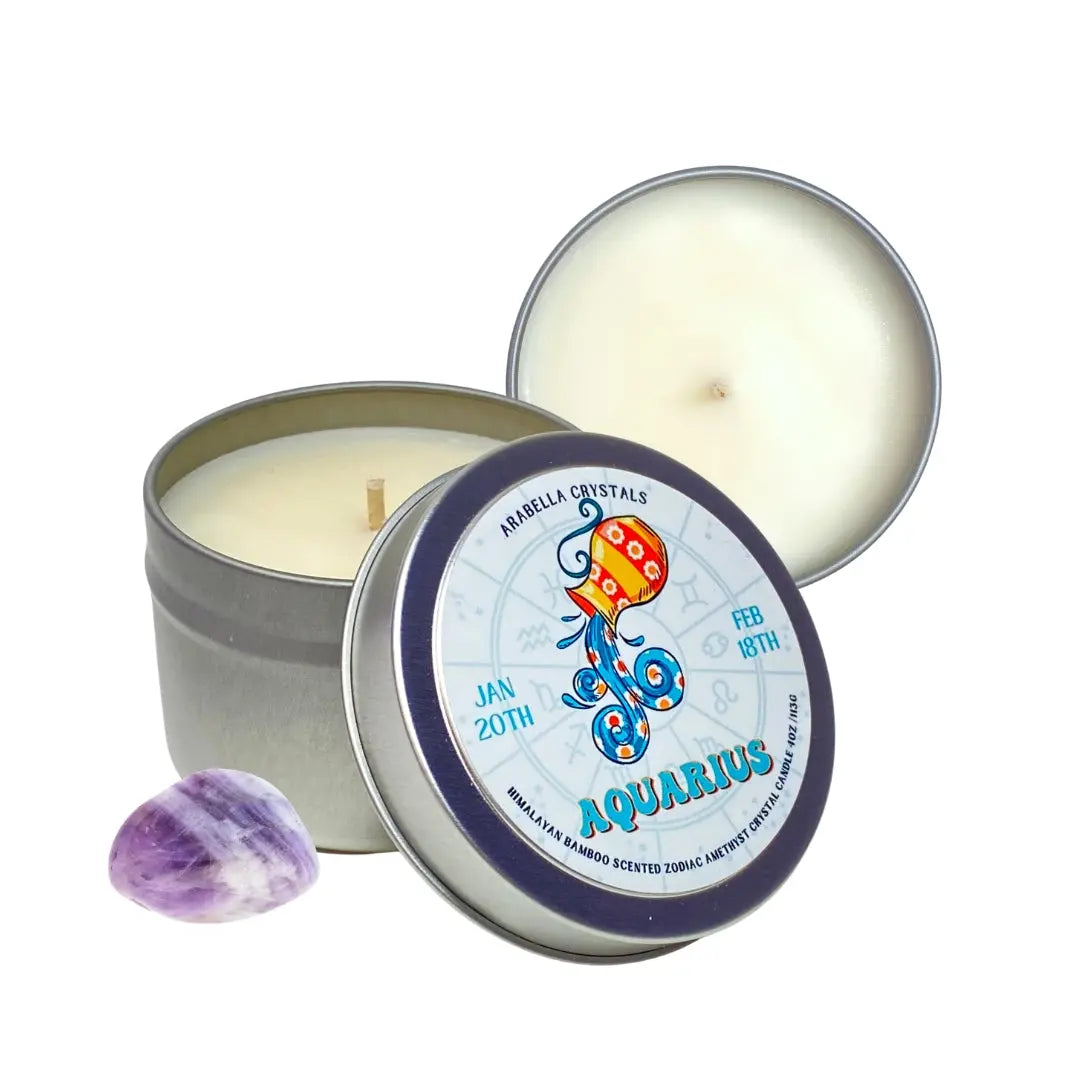 Aquarius Zodiac Hidden Crystal Candle Notes of: Aloe, Bamboo & Moss