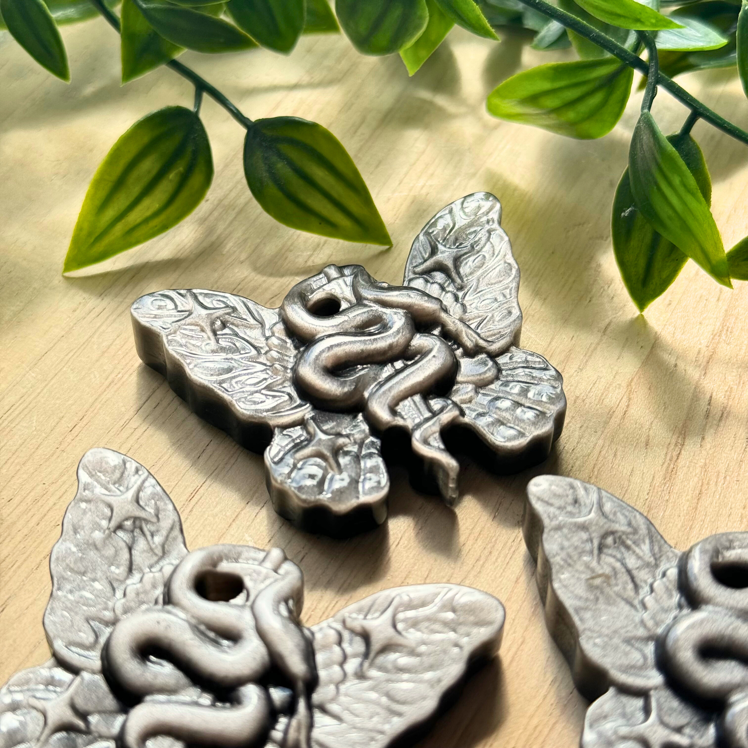 Silver Sheen Obsidian Butterfly Serpent Carving