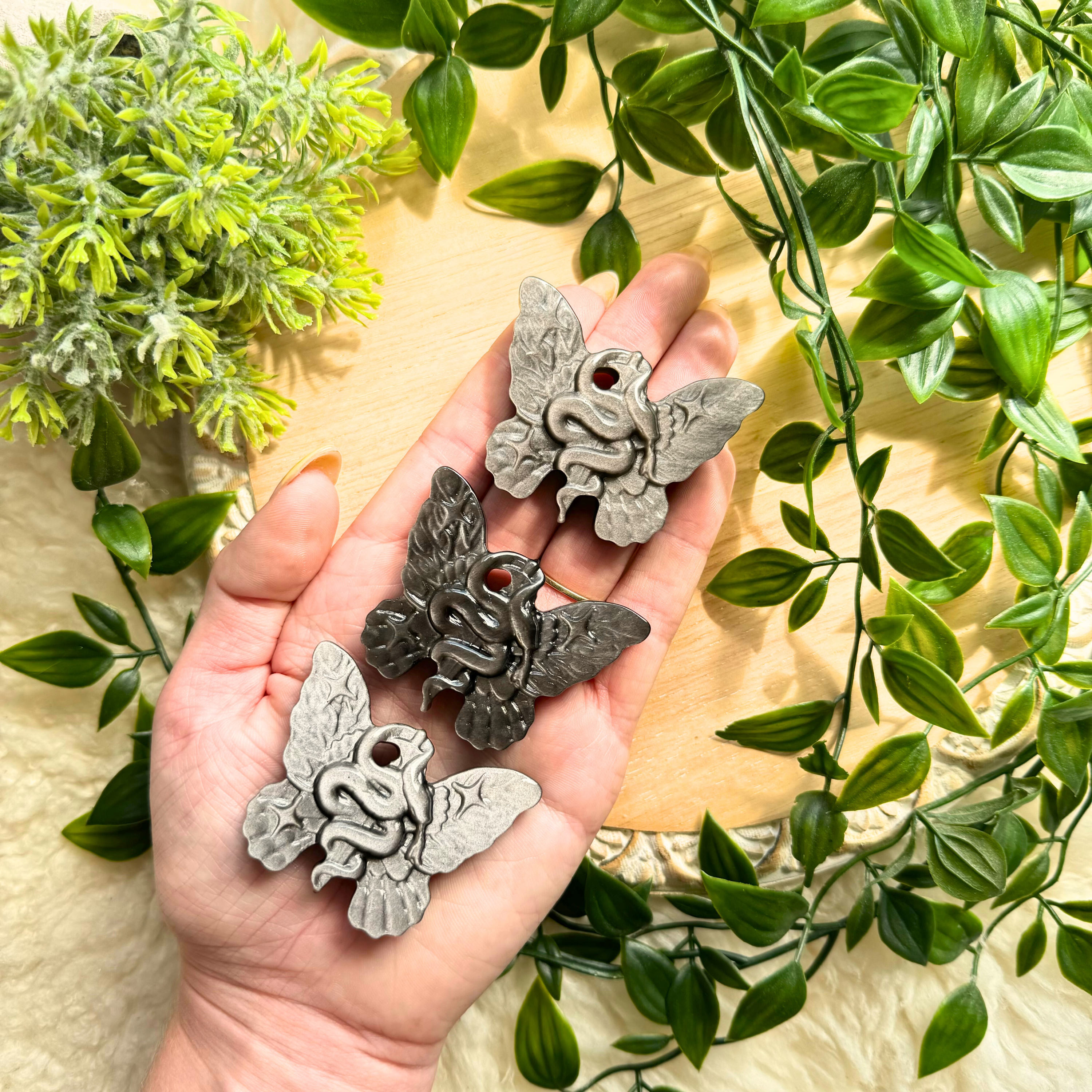 Silver Sheen Obsidian Butterfly Serpent Carving