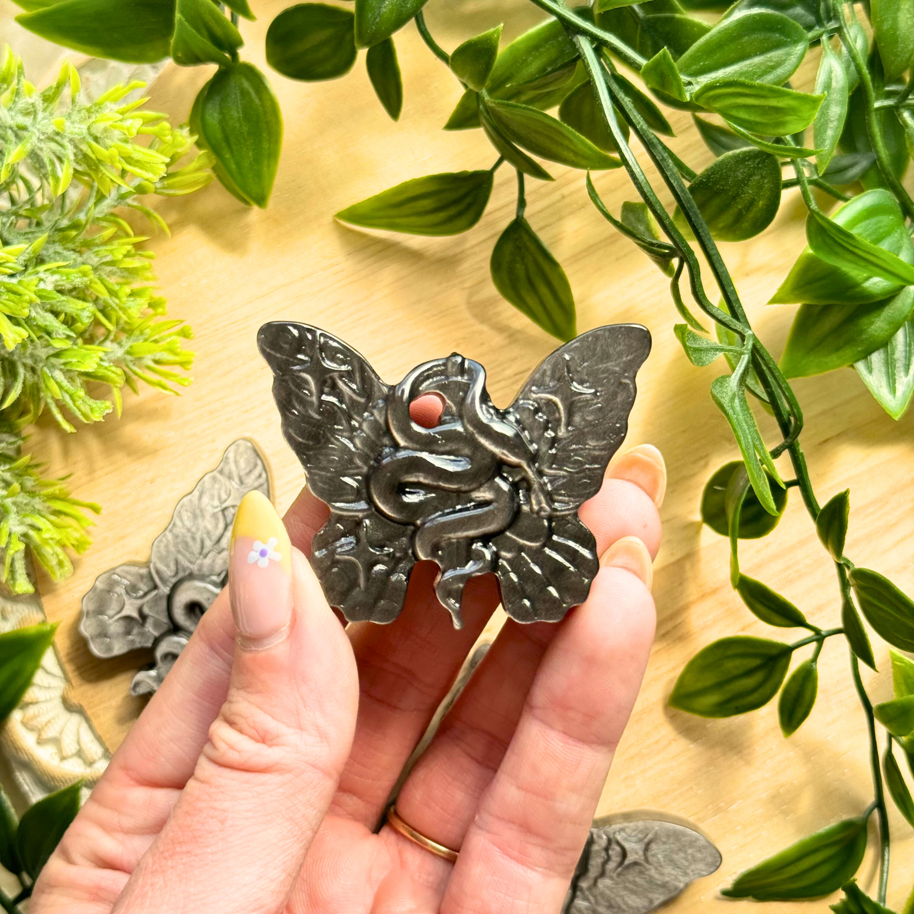 Silver Sheen Obsidian Butterfly Serpent Carving