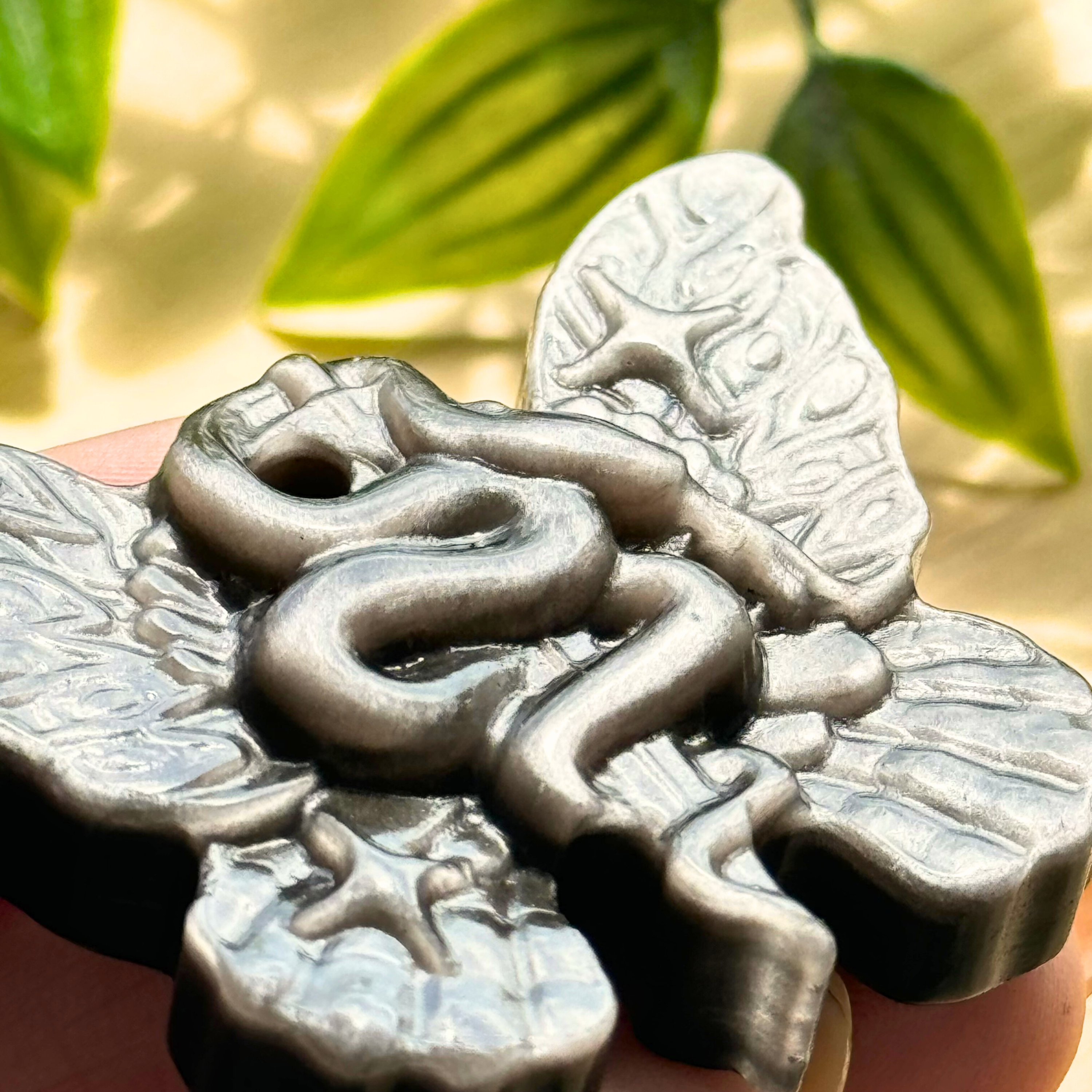 Silver Sheen Obsidian Butterfly Serpent Carving