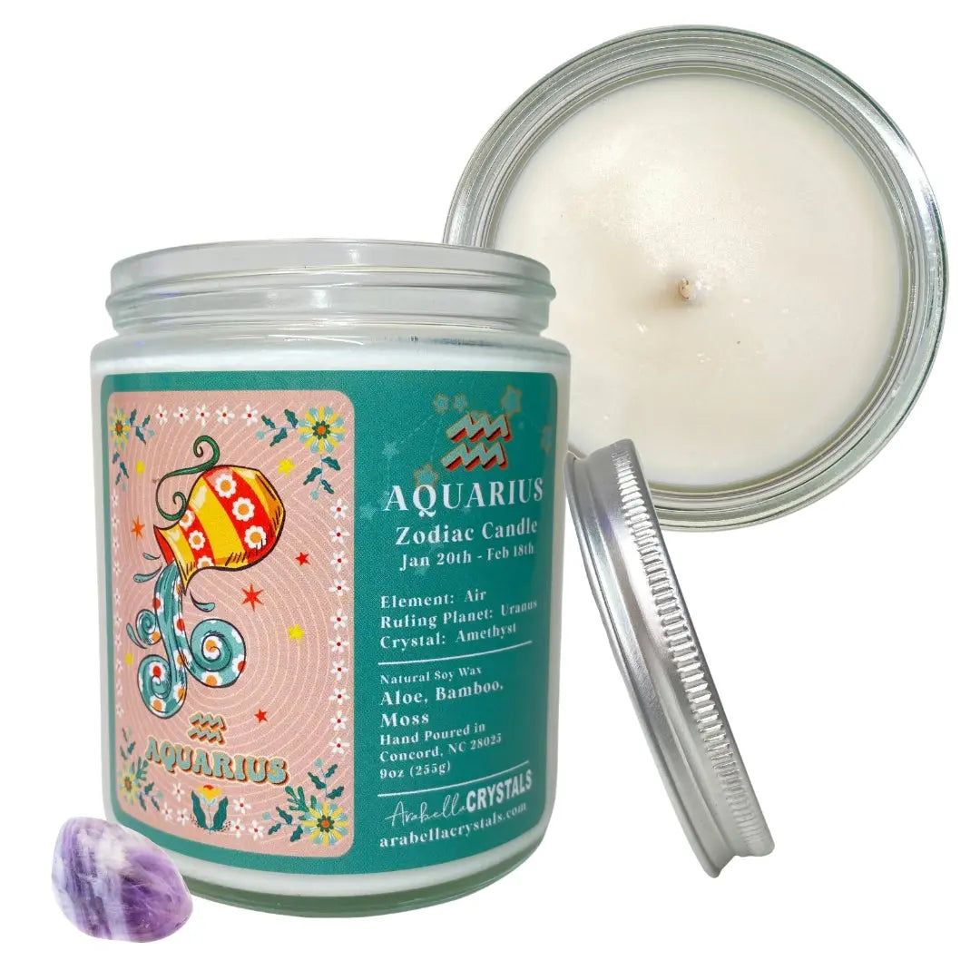 Aquarius Zodiac Hidden Crystal Candle Notes of: Aloe, Bamboo & Moss