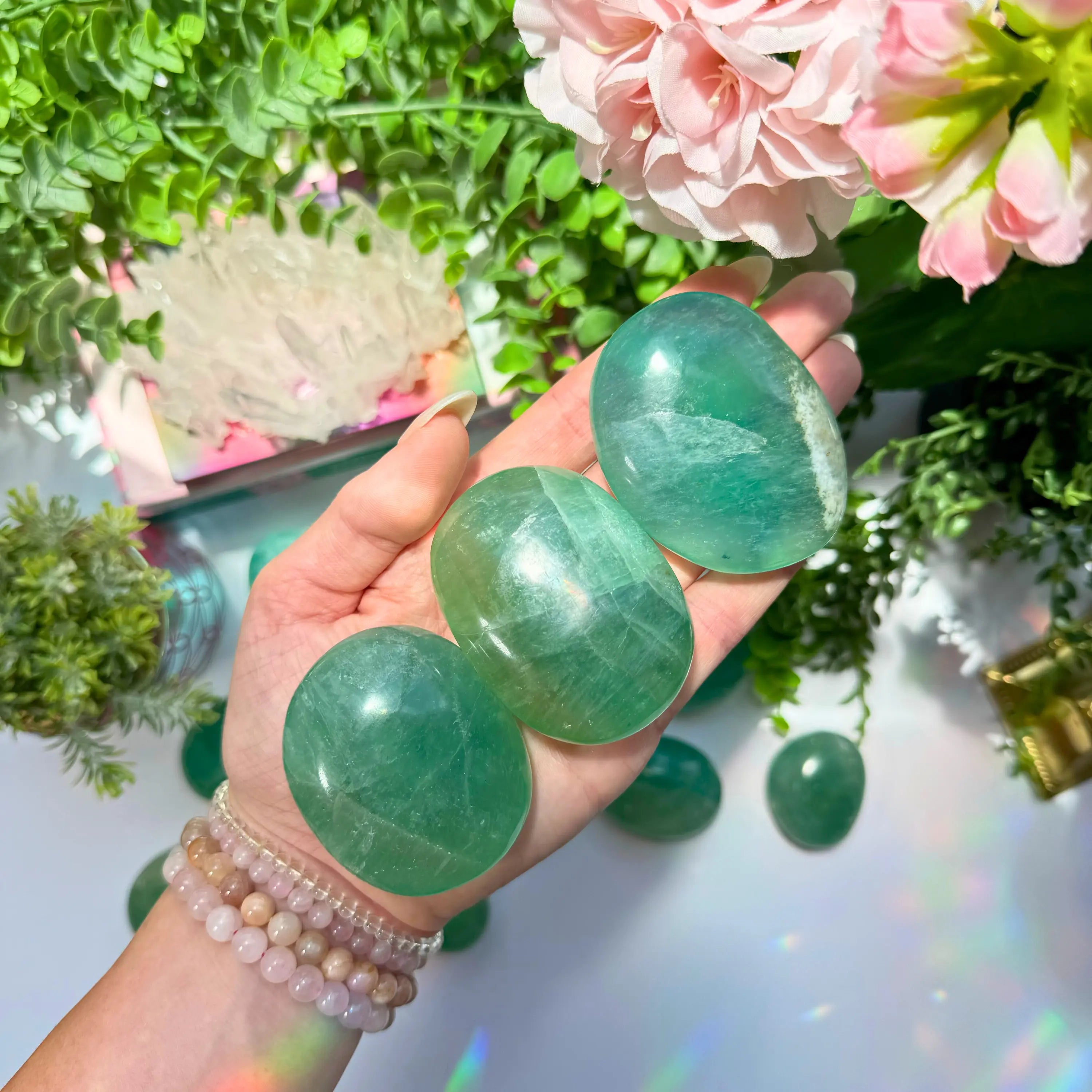 Green Fluorite Palm Stones Arabella Crystals