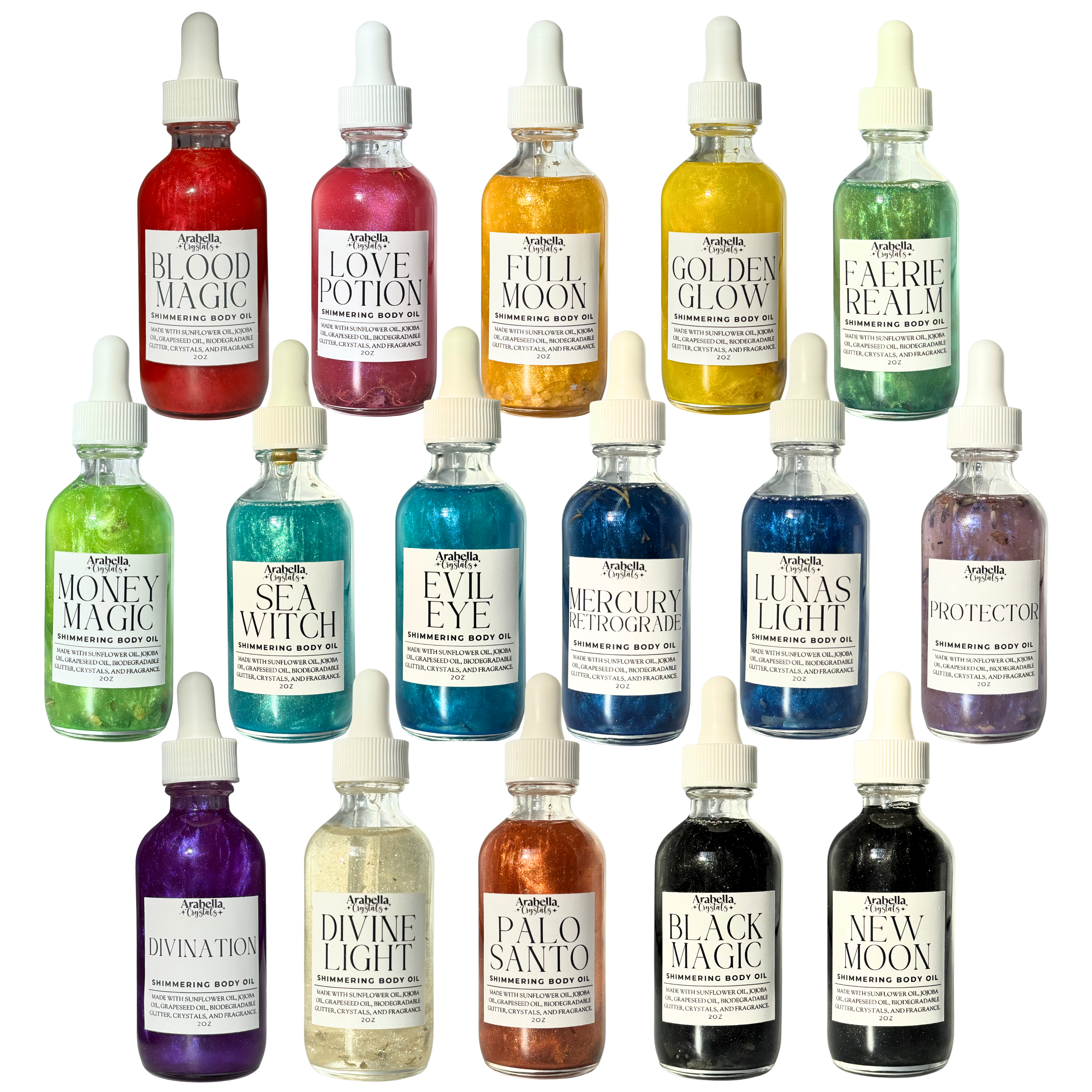 Collection of colorful crystal infused oil bottles with labels on a white background