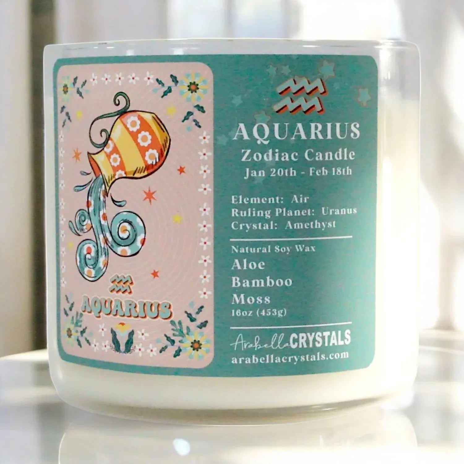 Aquarius Zodiac Hidden Crystal Candle Notes of: Aloe, Bamboo & Moss