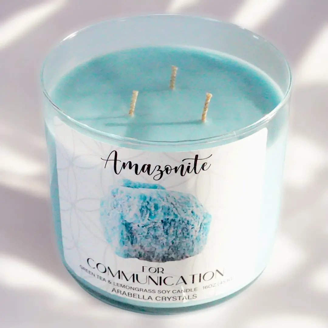 Amazonite Crystal 3-Wick Candle Notes of: Lemongrass, Jasmine & Light Musk
