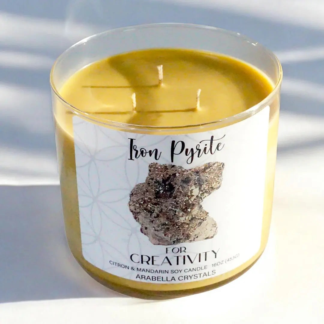 Iron Pyrite Crystal 3-wick Candle Notes of: Mandarin, Lemon & Peach
