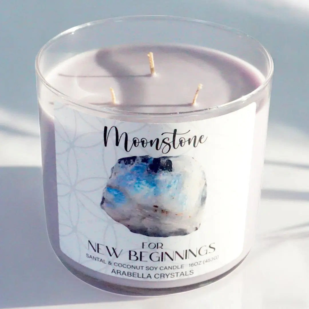 Moonstone Crystal 3-Wick Candle Notes of: Toasted Coconut, Sandalwood & Tonka Bean