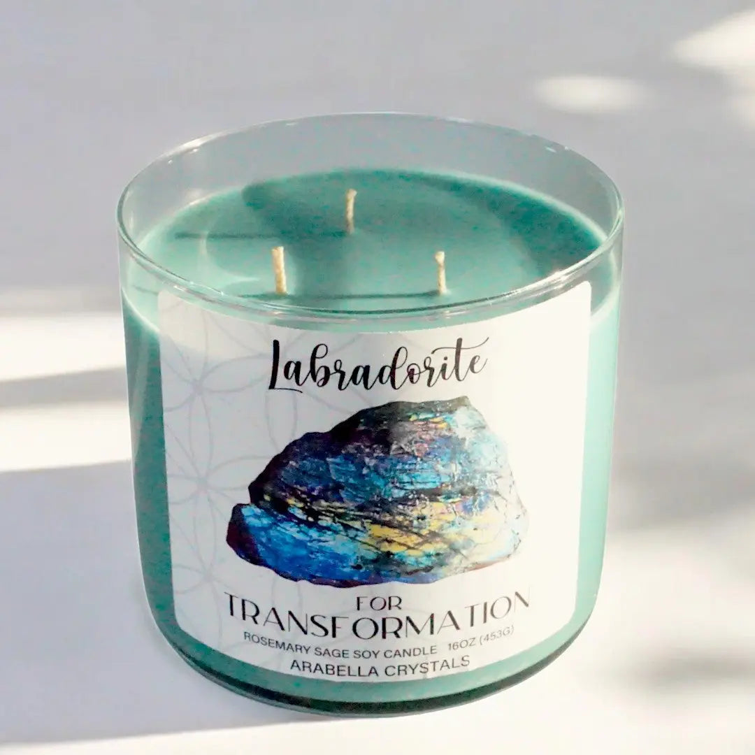 Labradorite Crystal 3-wick Candle Notes of: Rosemary, Sage & Pine