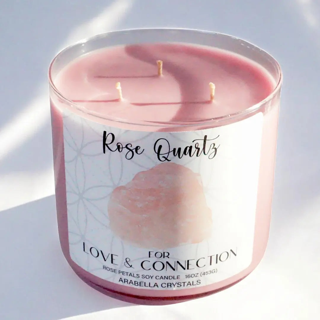 Rose Quartz Crystal 3-Wick Candle Notes of: Rose, Green Leaves & Carnation
