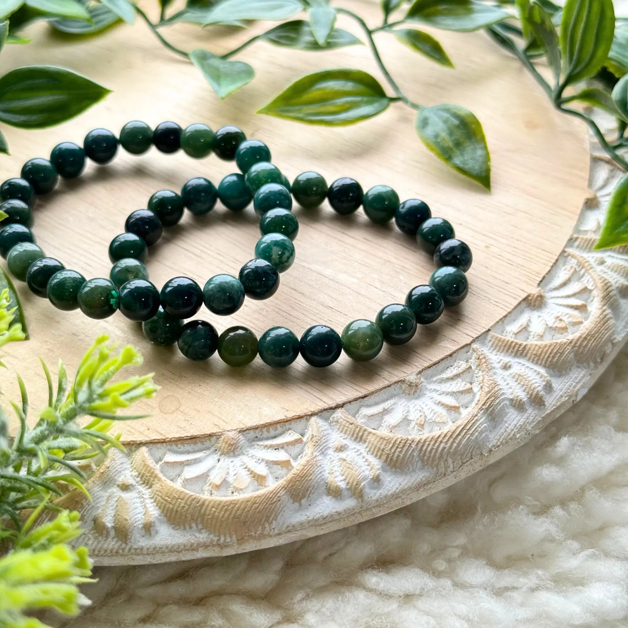 Moss Agate Beaded Gemstone Bracelet Arabella Crystals
