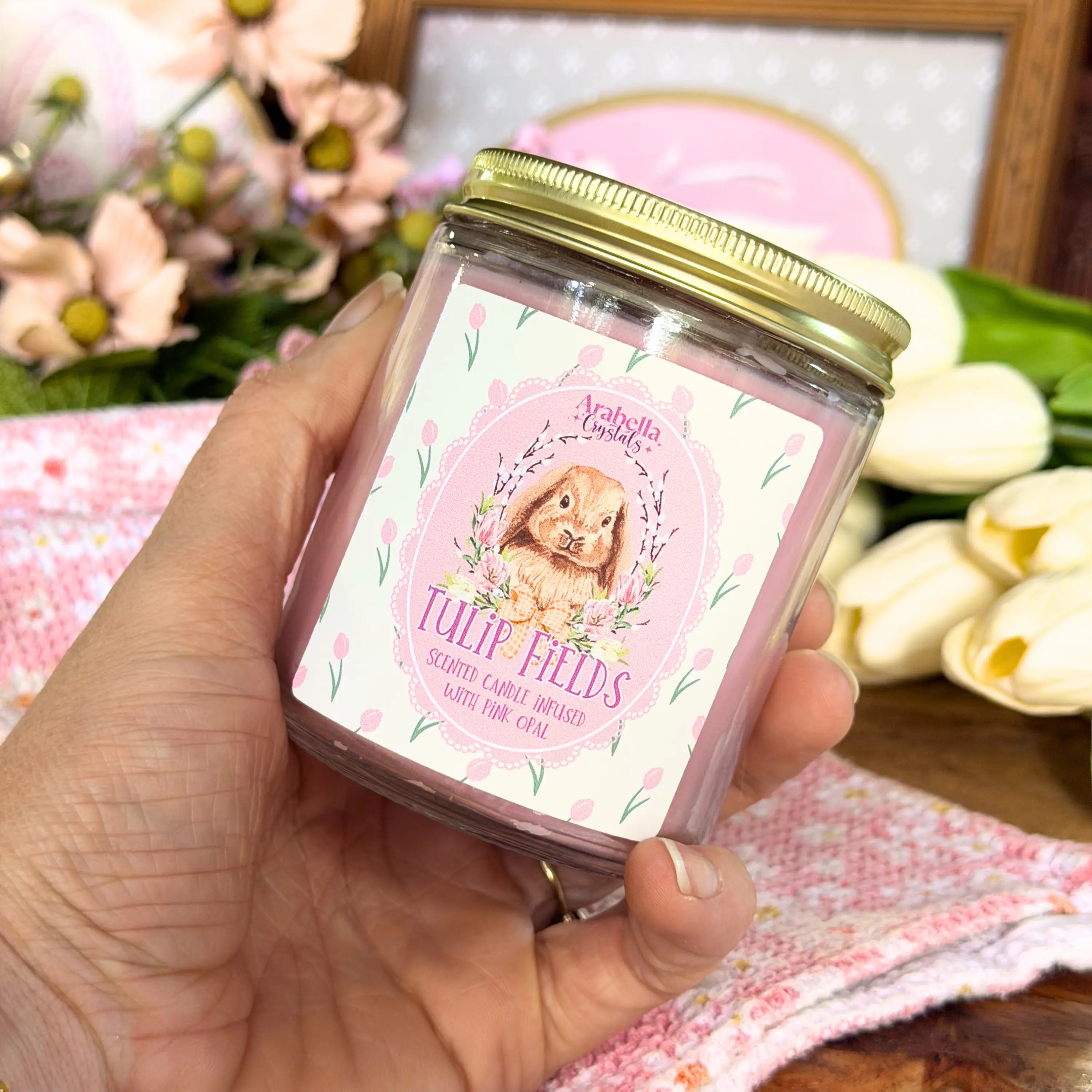 Tulip Fields Spring Homestead Soy Candle Notes of: Peach, Tulip & Green Leaves