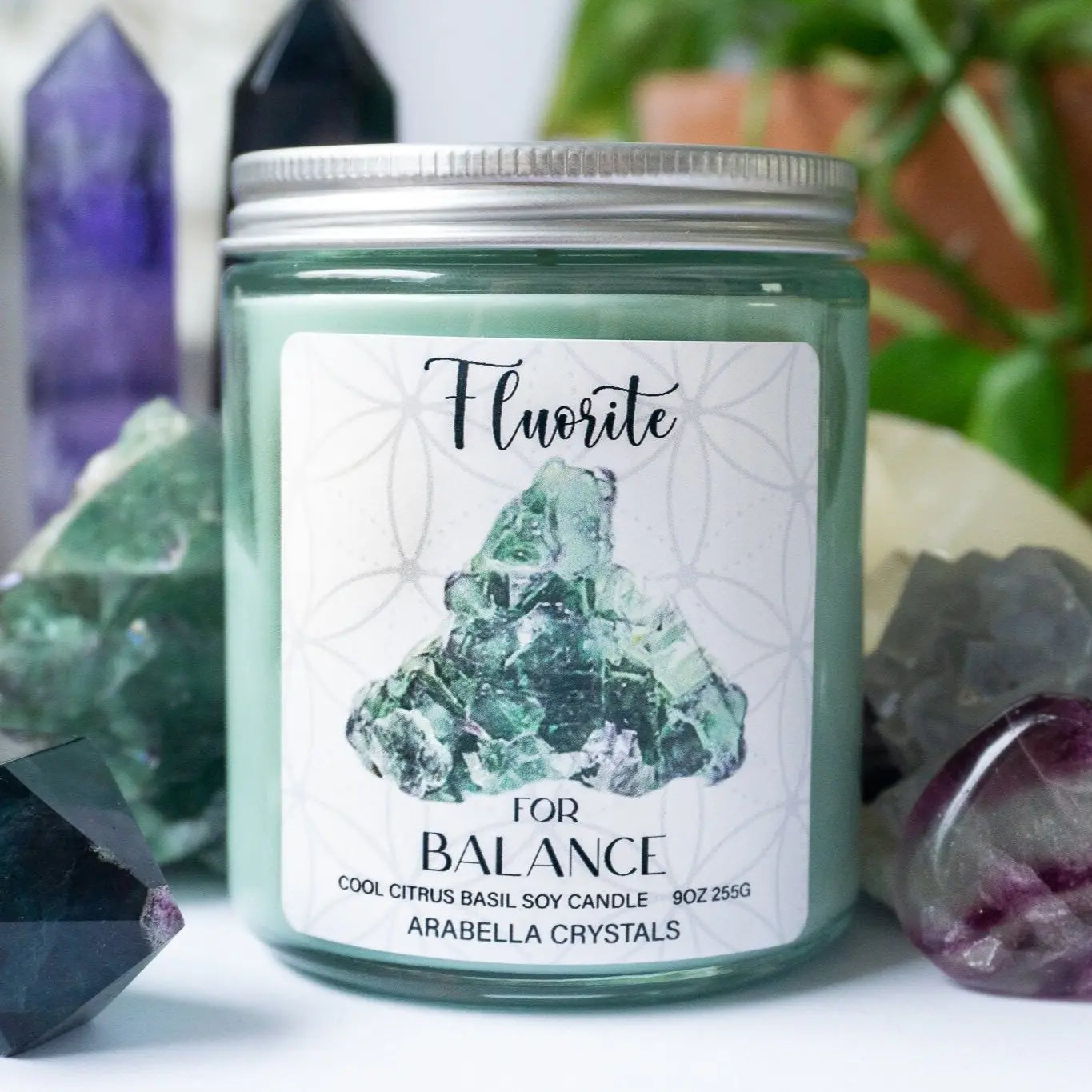 Fluorite Crystal Candle Notes of: Citrus, Orange Peel & Basil