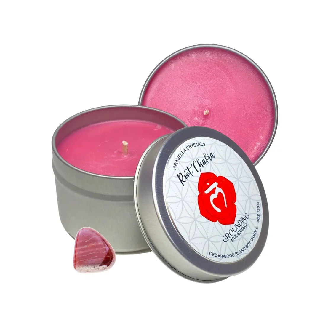 Root Chakra Candle Tin Notes of: Cedarwood, Oakmoss & Amber