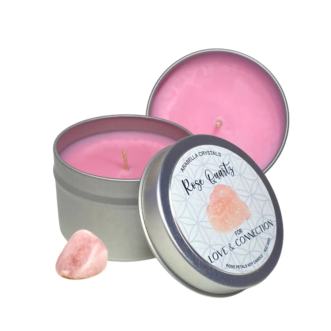Rose Quartz Crystal Candle Tin Notes of: Rose, Green Leaves & Carnation