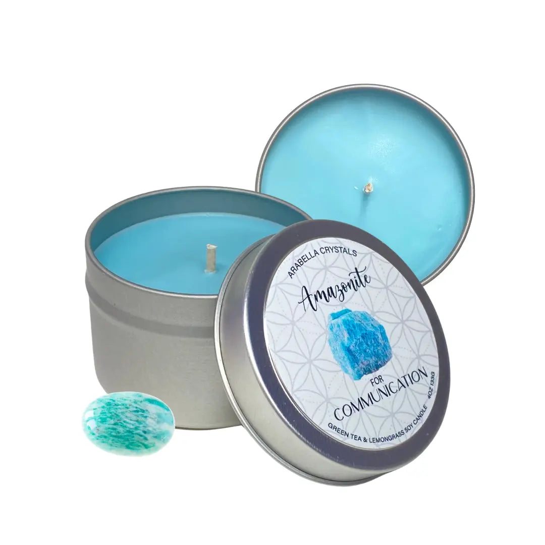 Amazonite Crystal Candle Tin Notes of: Lemongrass, Jasmine & Light Musk