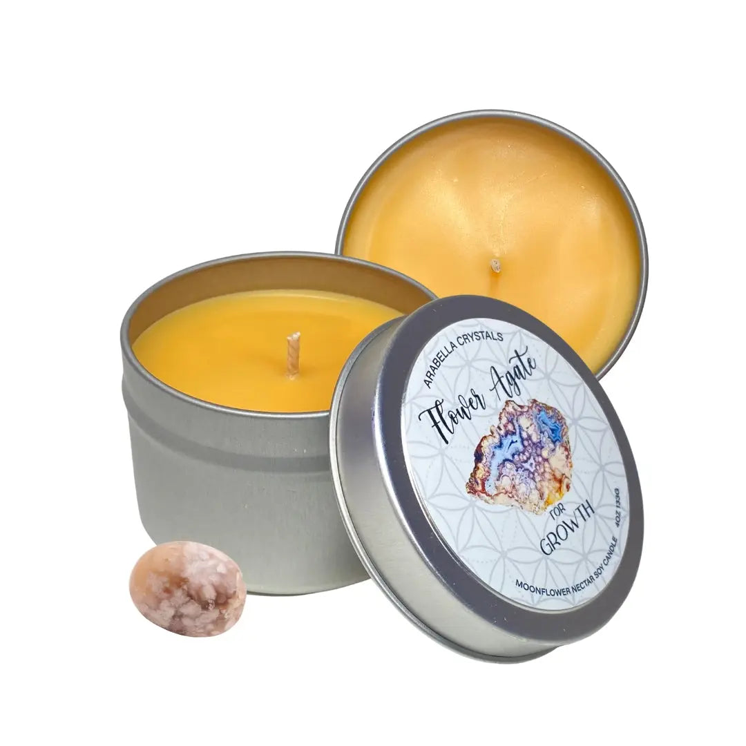 Flower Agate Crystal Candle Tin Notes of: Moonflower, Rose & Dark Musk