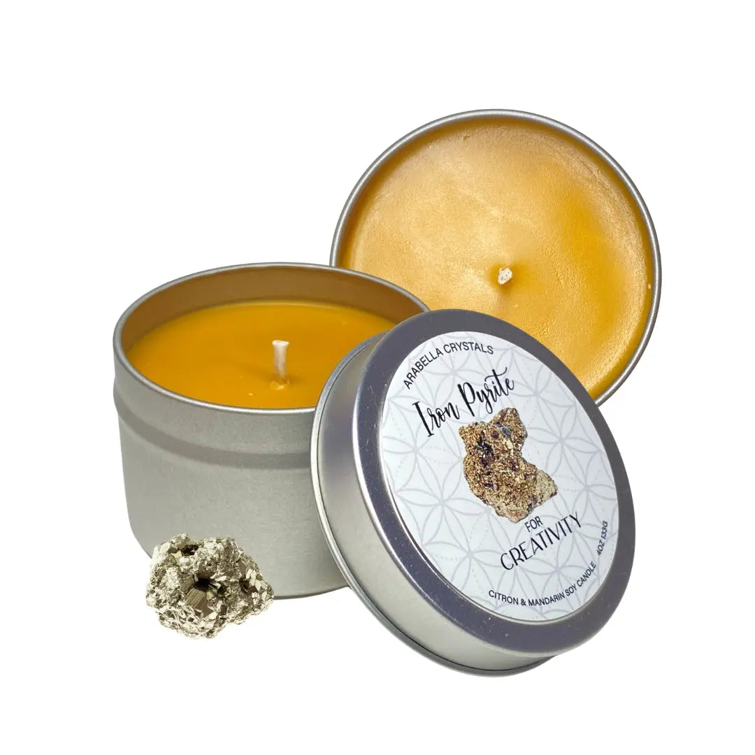 Iron Pyrite Crystal Candle Tin Notes of: Mandarin, Lemon & Peach
