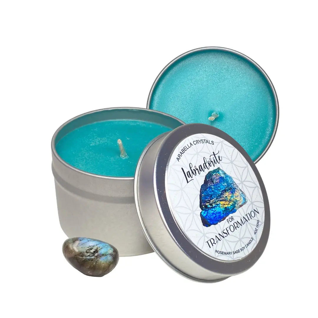 Labradorite Crystal Candle Tin Notes of: Rosemary, Sage & Pine