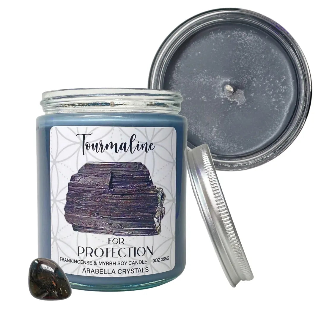 Tourmaline Crystal Candle Notes of: Frankincense, Myrrh & Amber