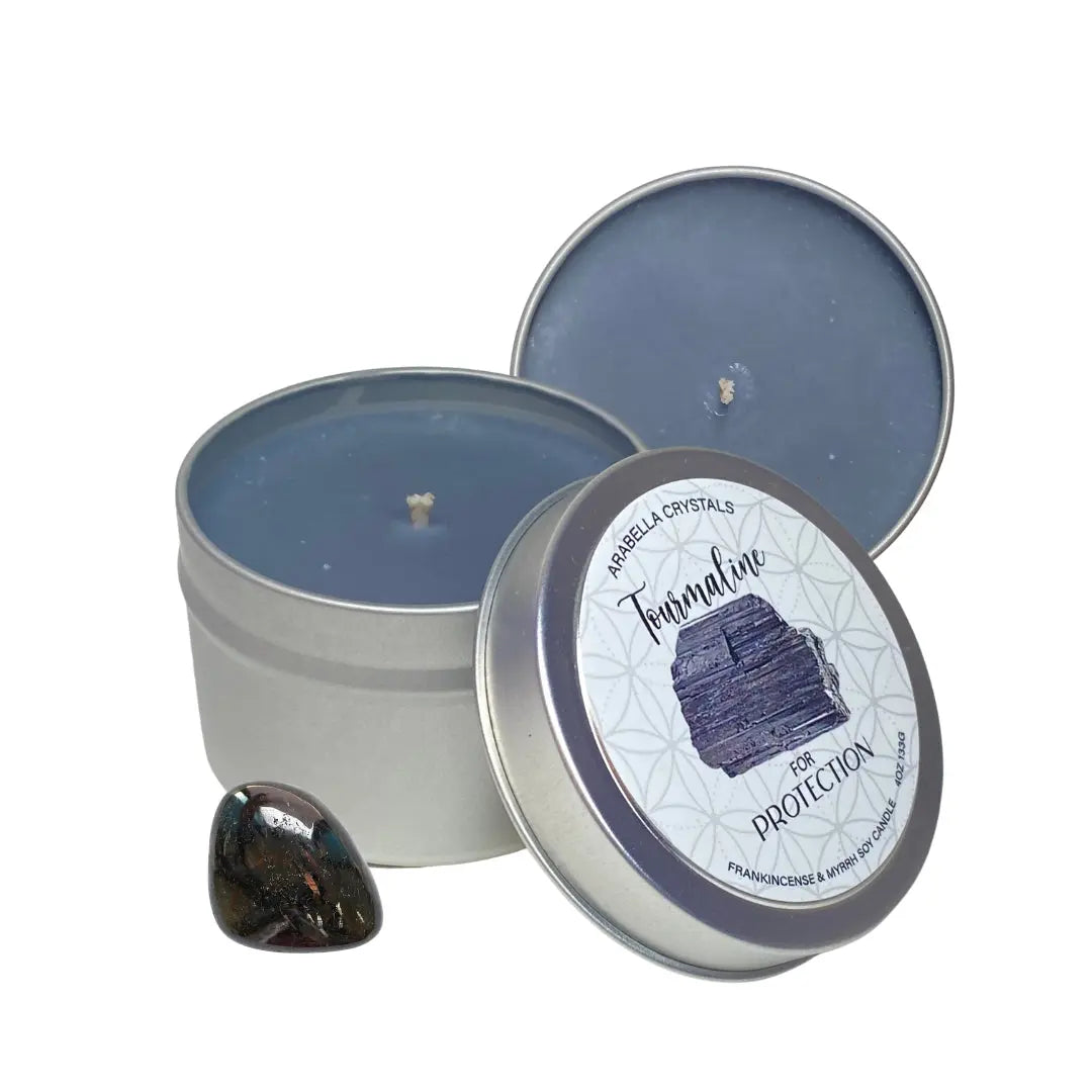Tourmaline Crystal Candle Tin Notes of: Frankincense, Myrrh & Amber
