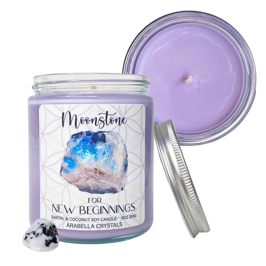Moonstone Crystal Candle Notes of: Toasted Coconut, Sandalwood & Tonka Bean