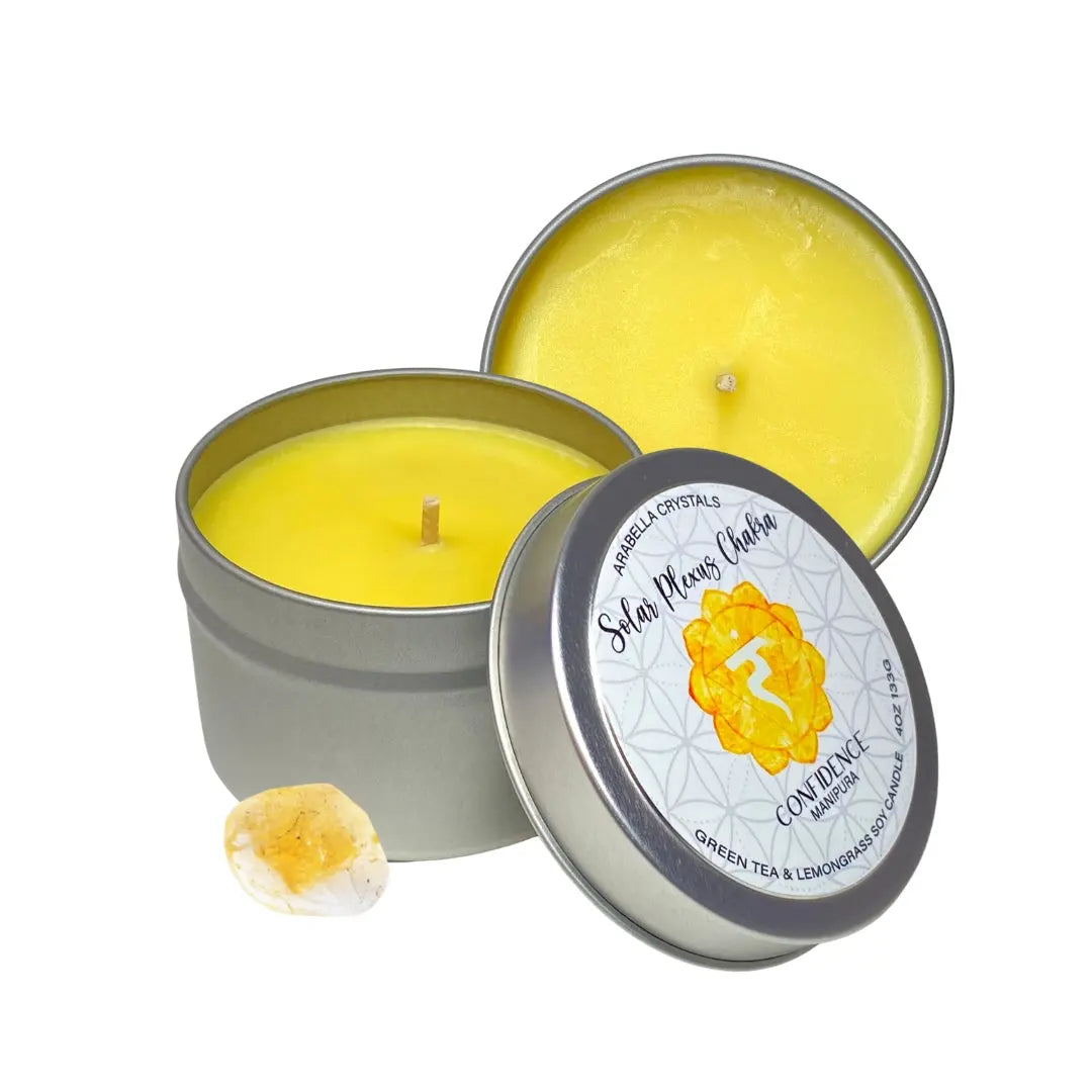Solar Plexus Chakra Candle Tin Notes of: Green Tea, Lemongrass & Light Musk