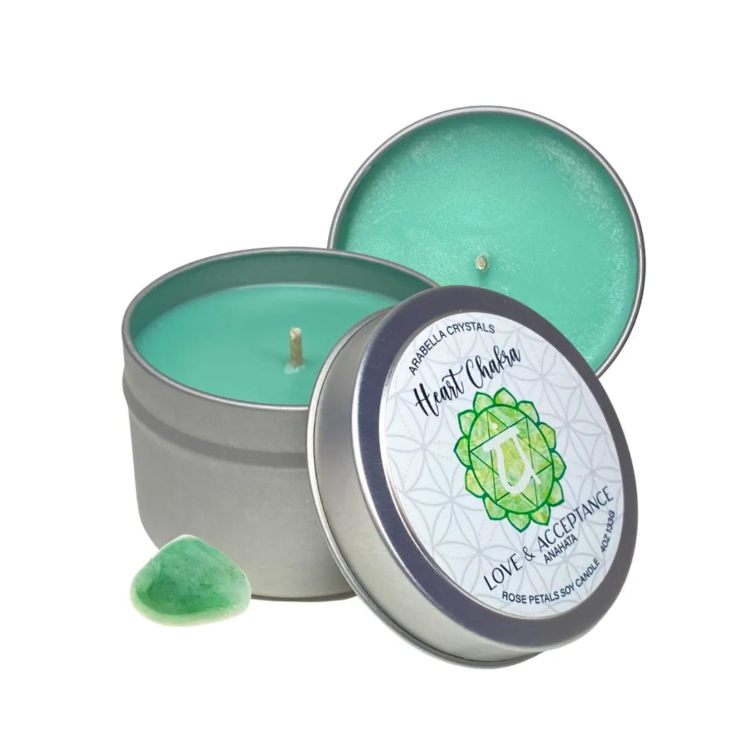 Heart Chakra Candle Tin Notes of: Rose, Green Leaves & Carnation