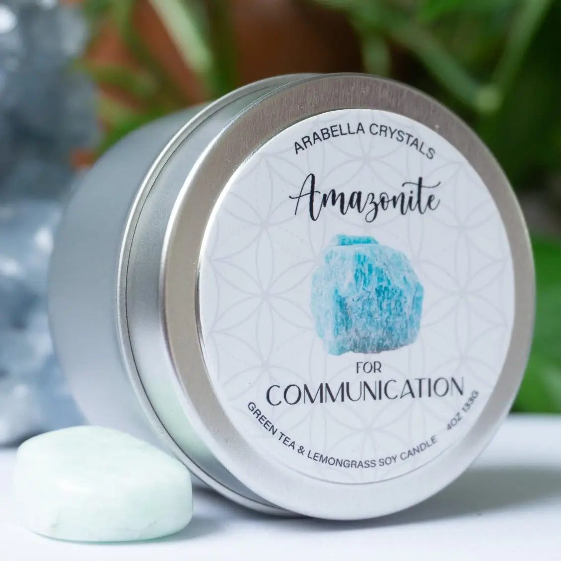 Amazonite Crystal Candle Tin Notes of: Lemongrass, Jasmine & Light Musk