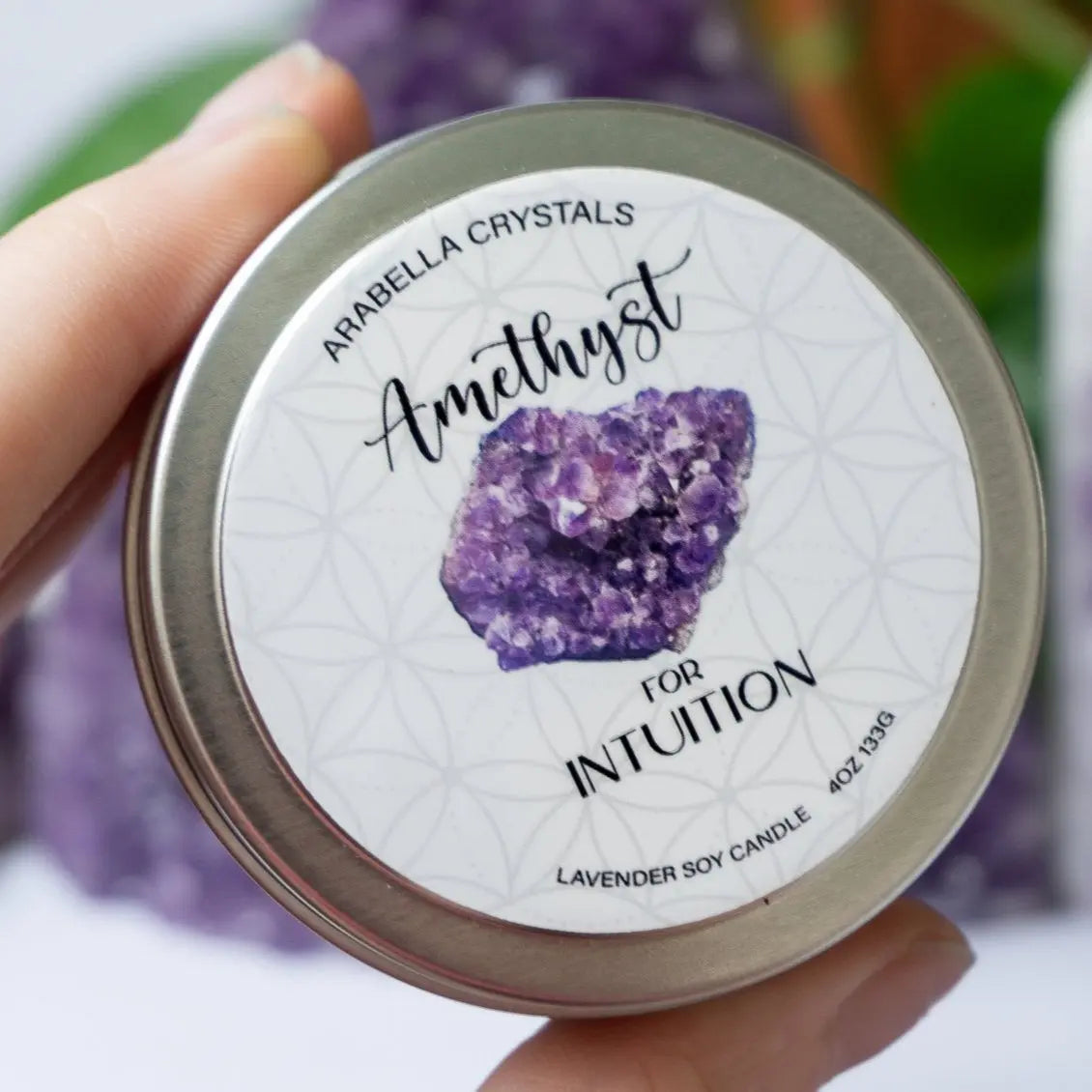 Amethyst Crystal Candle Tin Notes of: Lavender, Citrus & Cedar