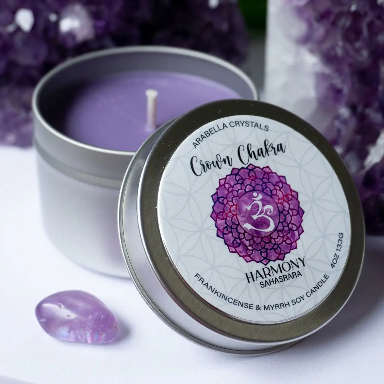 Crown Chakra Candle Tin Notes of: Frankincense, Myrrh & Amber