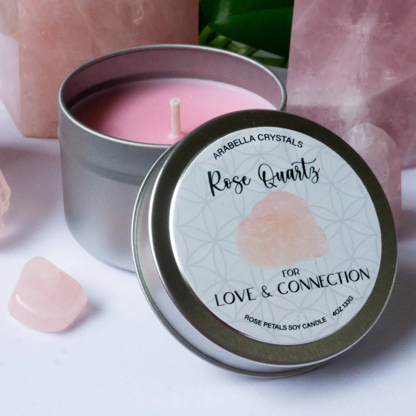 Rose Quartz Crystal Candle Tin Notes of: Rose, Green Leaves & Carnation