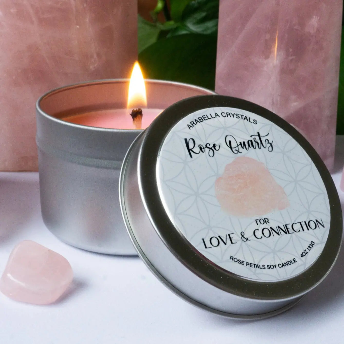Rose Quartz Crystal Candle Tin Notes of: Rose, Green Leaves & Carnation