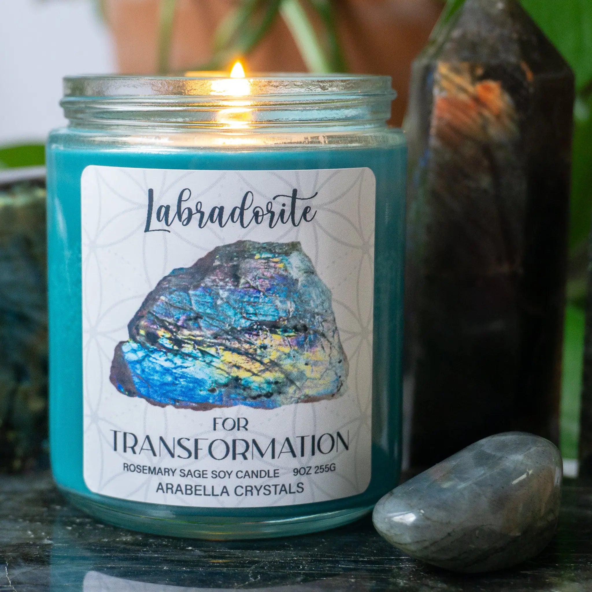 Labradorite Crystal Candle Notes of: Rosemary, Sage & Pine