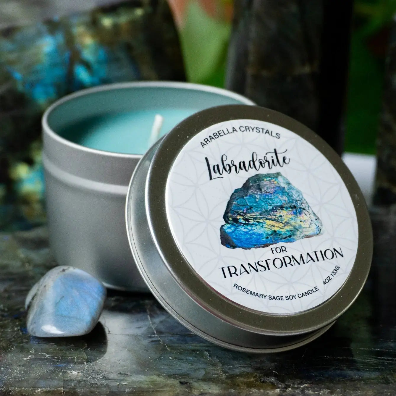 Labradorite Crystal Candle Tin Notes of: Rosemary, Sage & Pine