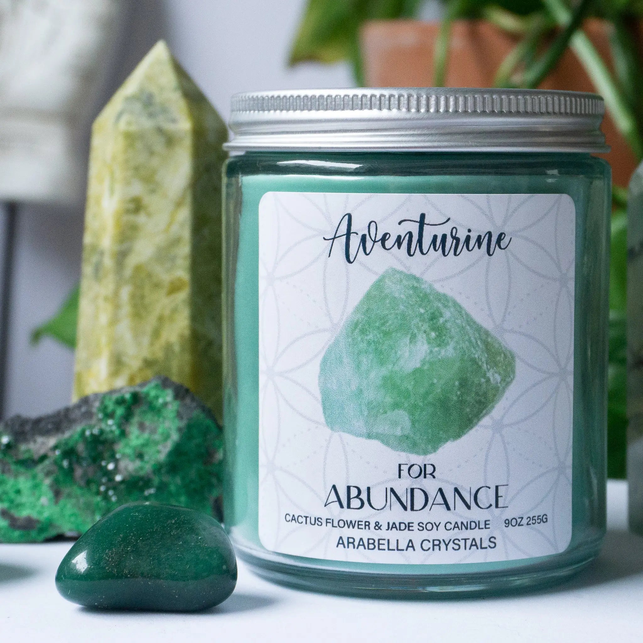 Aventurine Crystal Candle Notes of: Agave, Green Floral & Chrysanthemum
