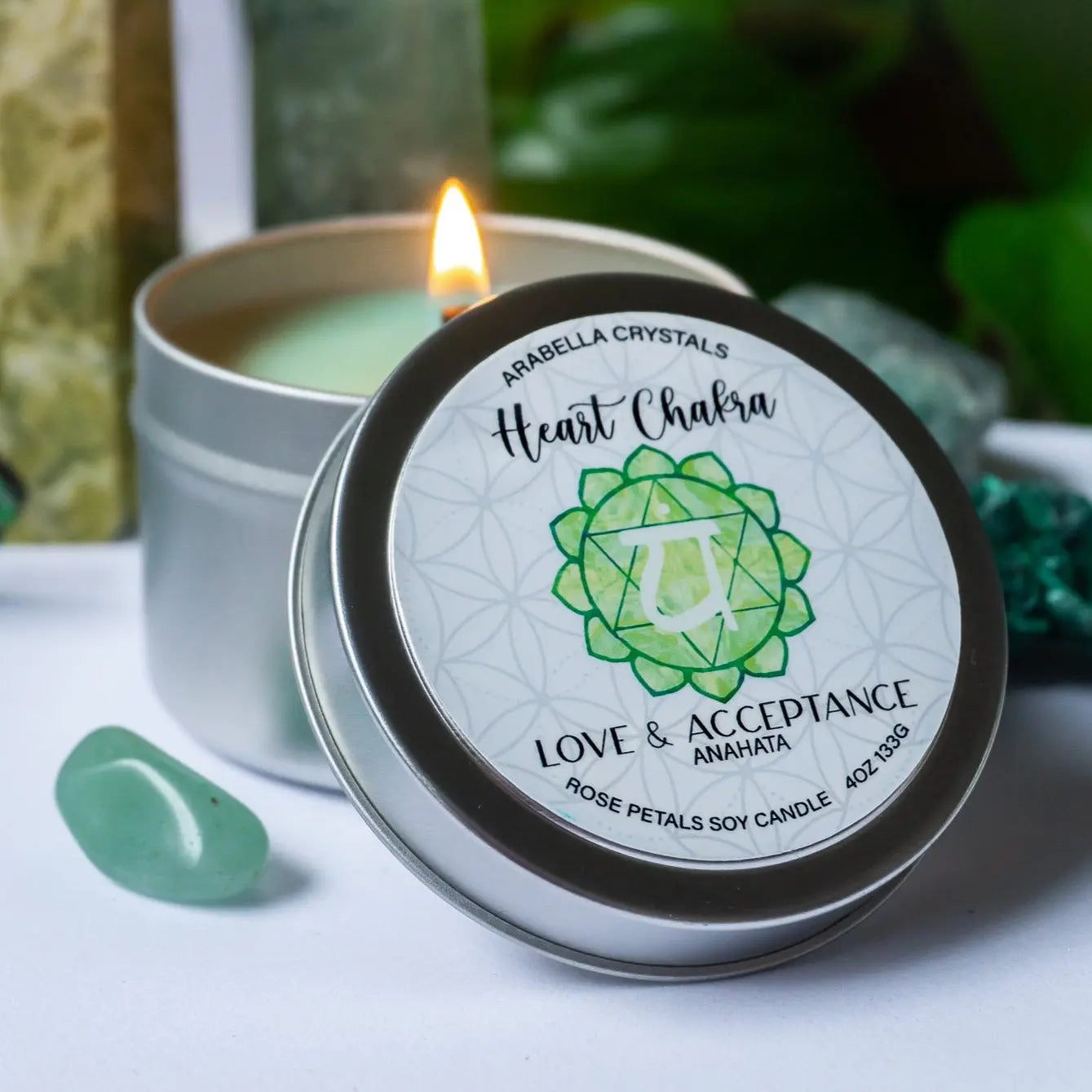 Heart Chakra Candle Tin Notes of: Rose, Green Leaves & Carnation