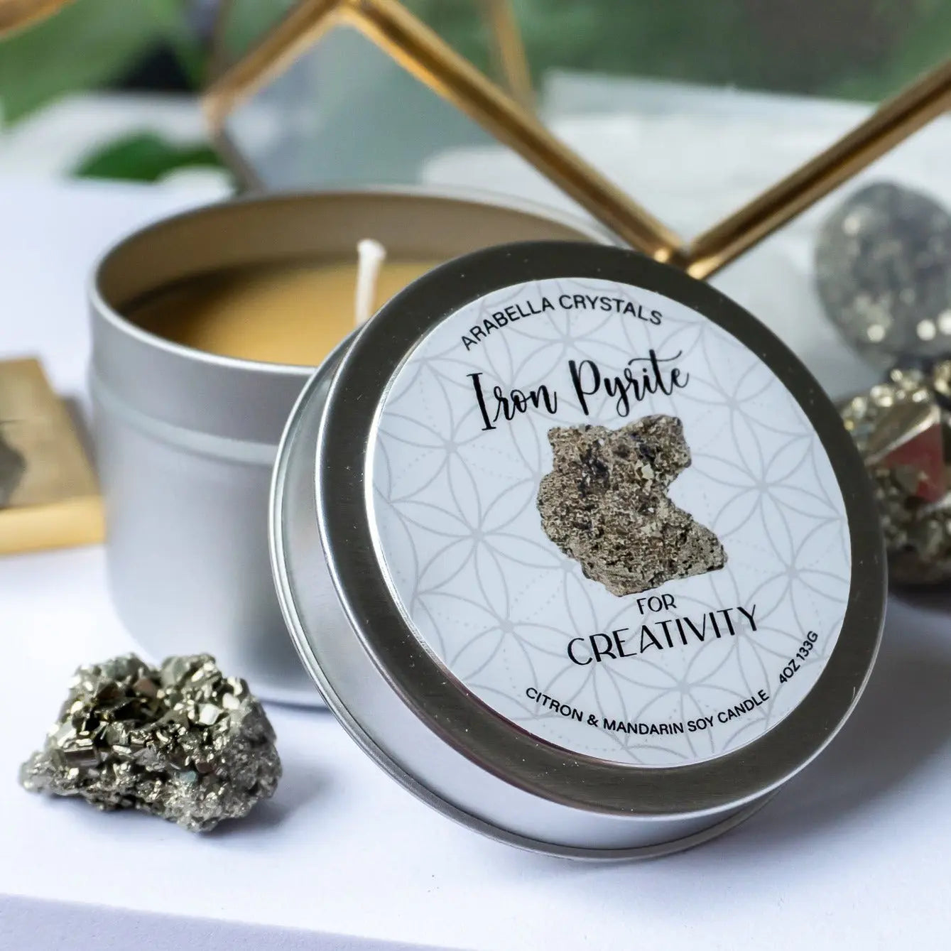 Iron Pyrite Crystal Candle Tin Notes of: Mandarin, Lemon & Peach