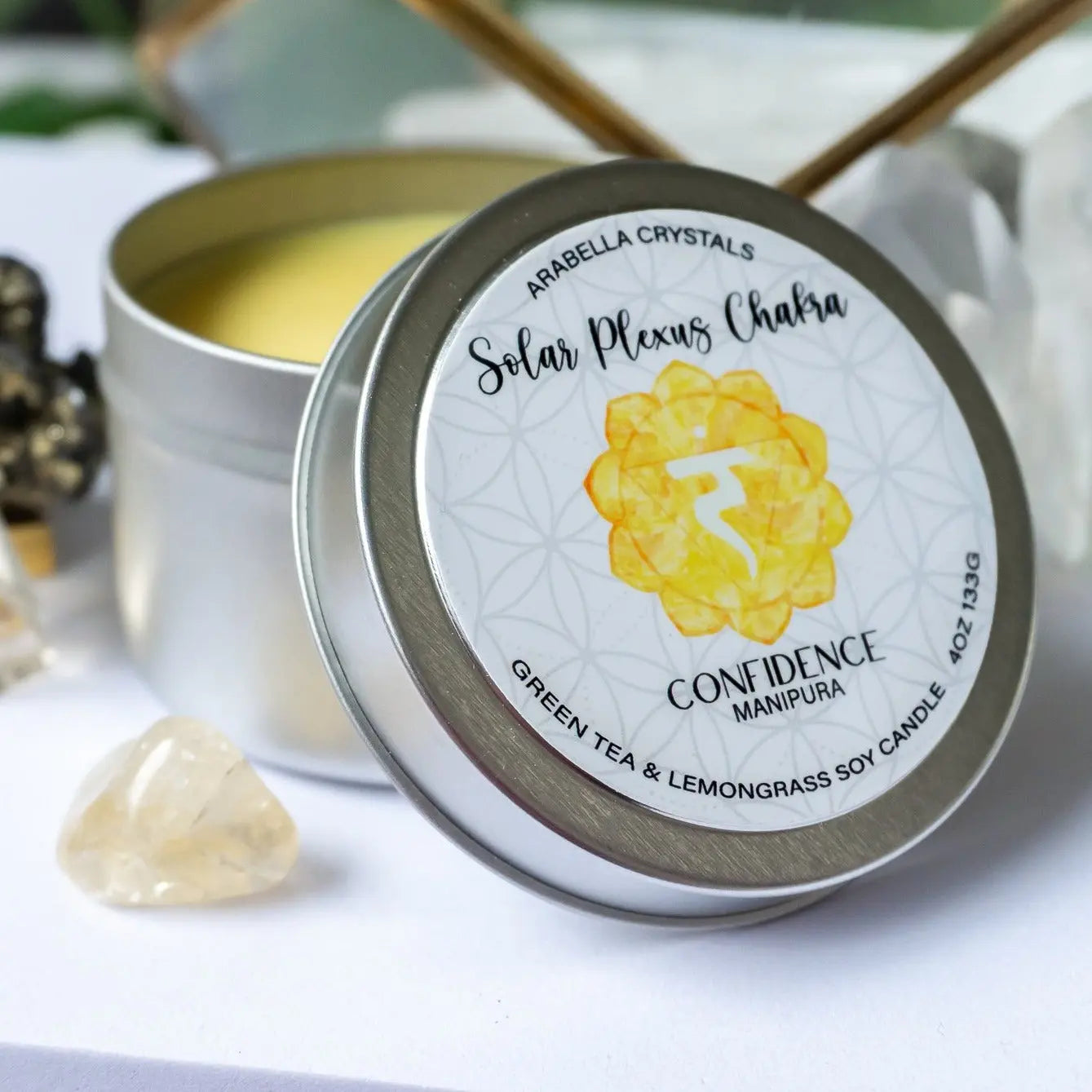 Solar Plexus Chakra Candle Tin Notes of: Green Tea, Lemongrass & Light Musk
