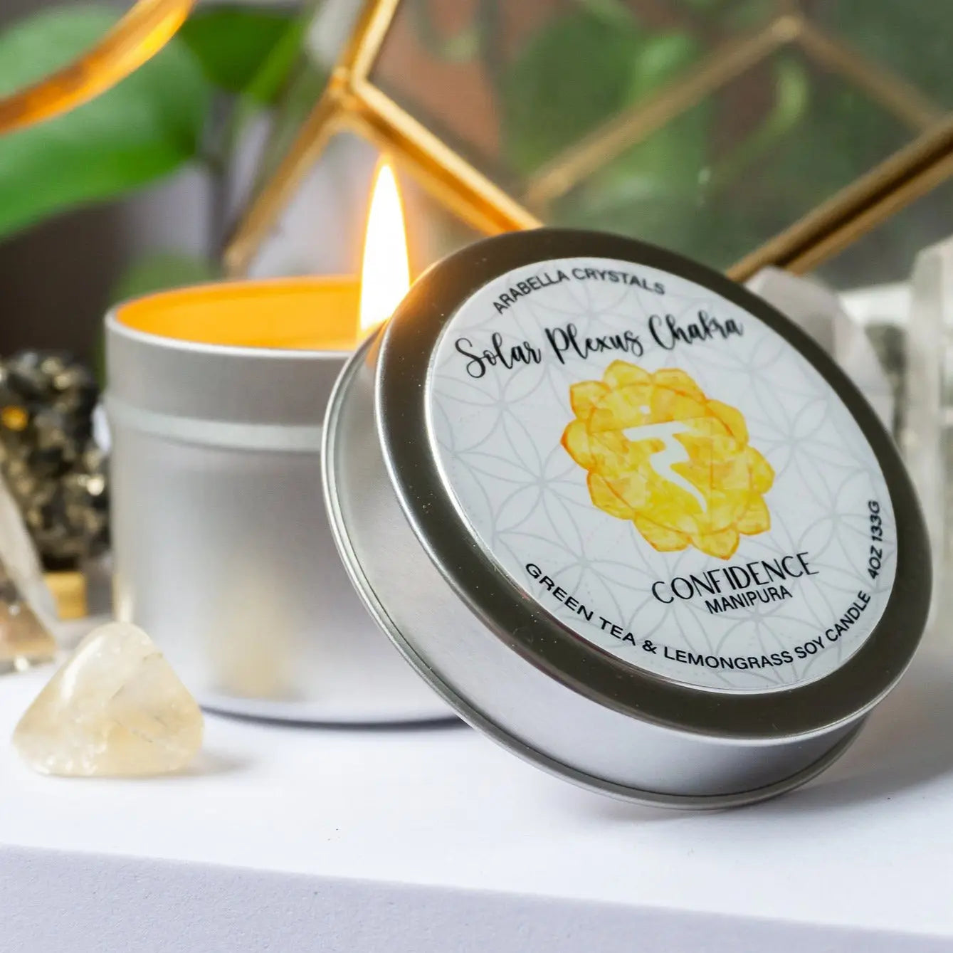 Solar Plexus Chakra Candle Tin Notes of: Green Tea, Lemongrass & Light Musk