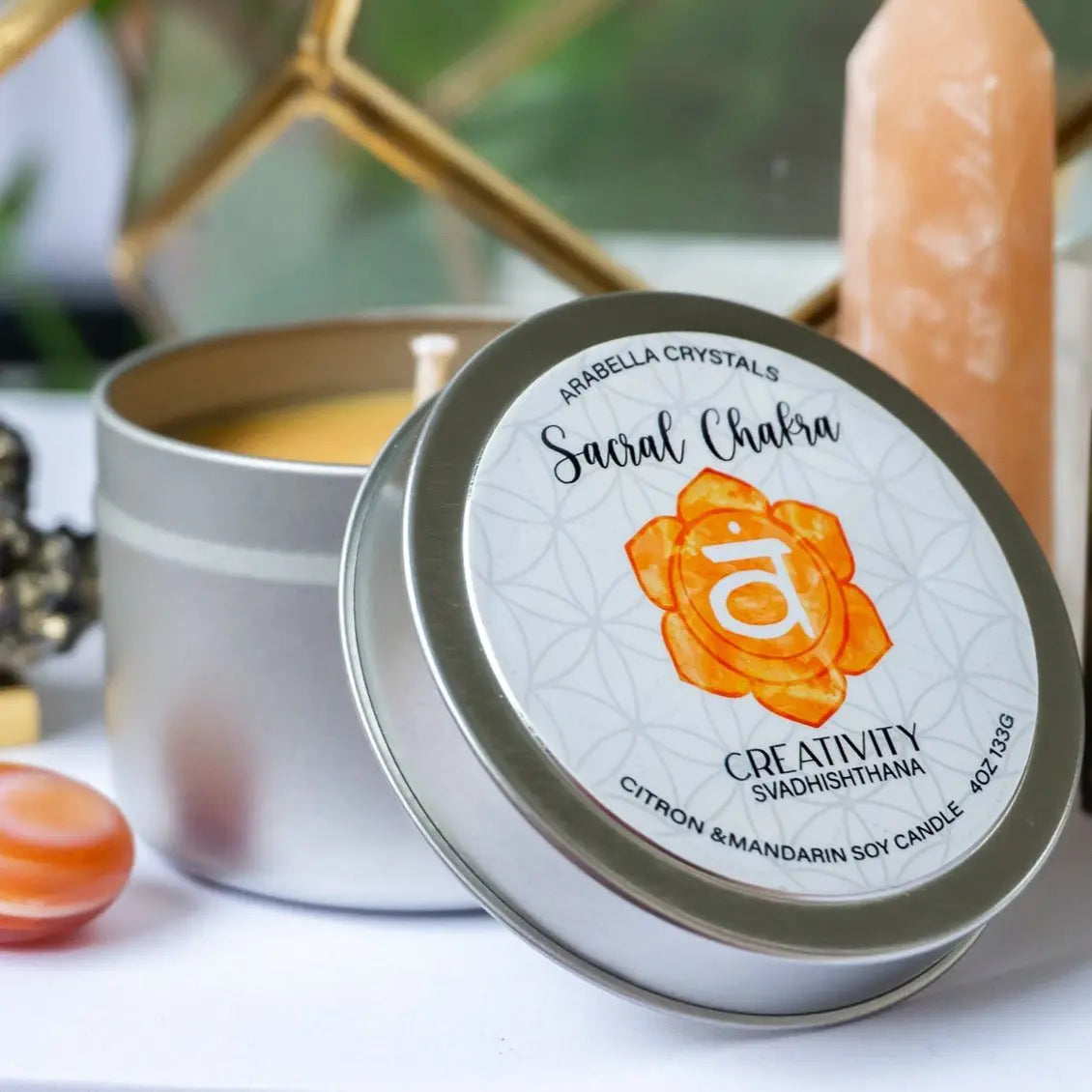 Sacral Chakra Candle Tin Notes of: Mandarin, Lemon & Peach