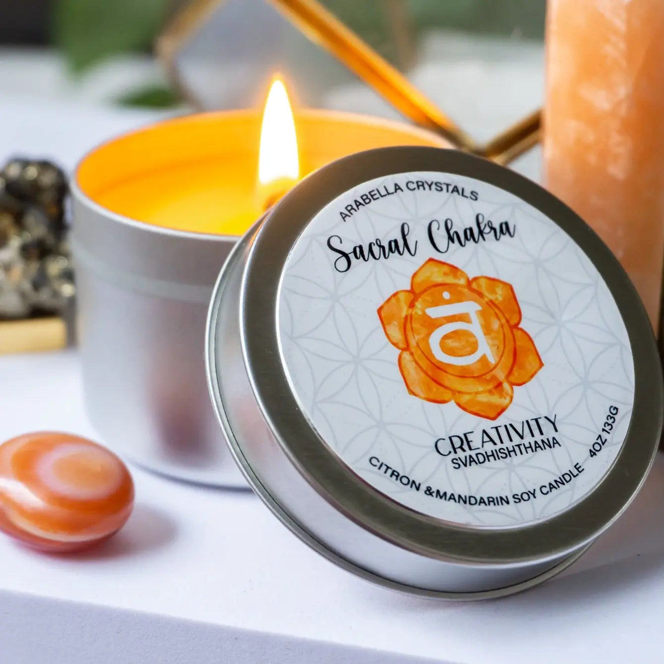 Sacral Chakra Candle Tin Notes of: Mandarin, Lemon & Peach
