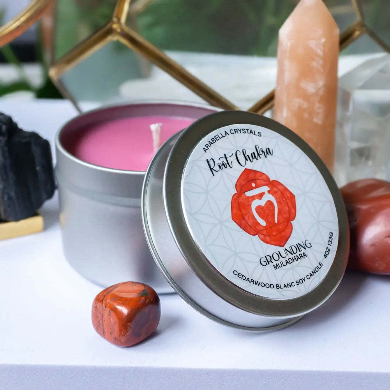 Root Chakra Candle Tin Notes of: Cedarwood, Oakmoss & Amber