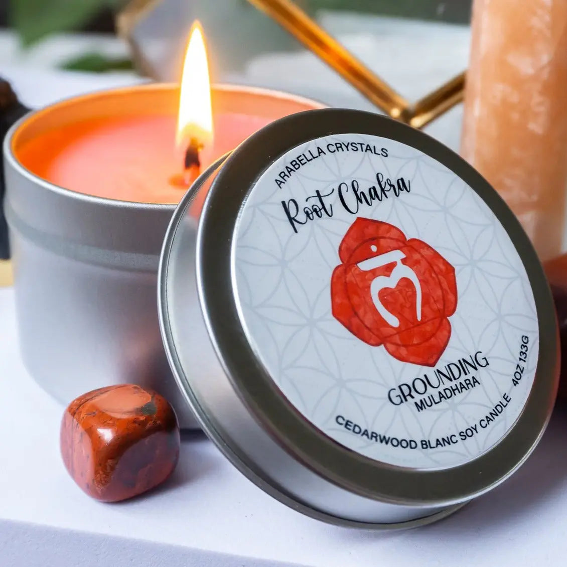 Root Chakra Candle Tin Notes of: Cedarwood, Oakmoss & Amber