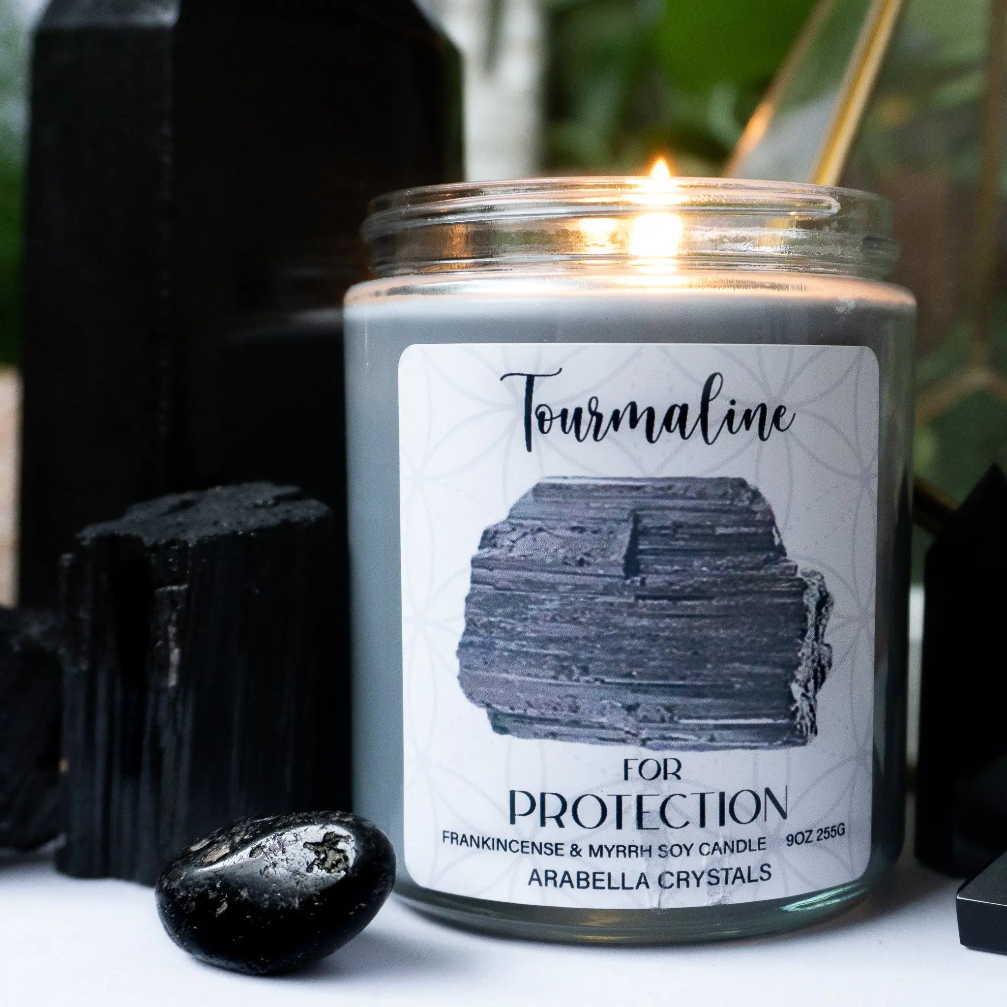 Tourmaline Crystal Candle Notes of: Frankincense, Myrrh & Amber