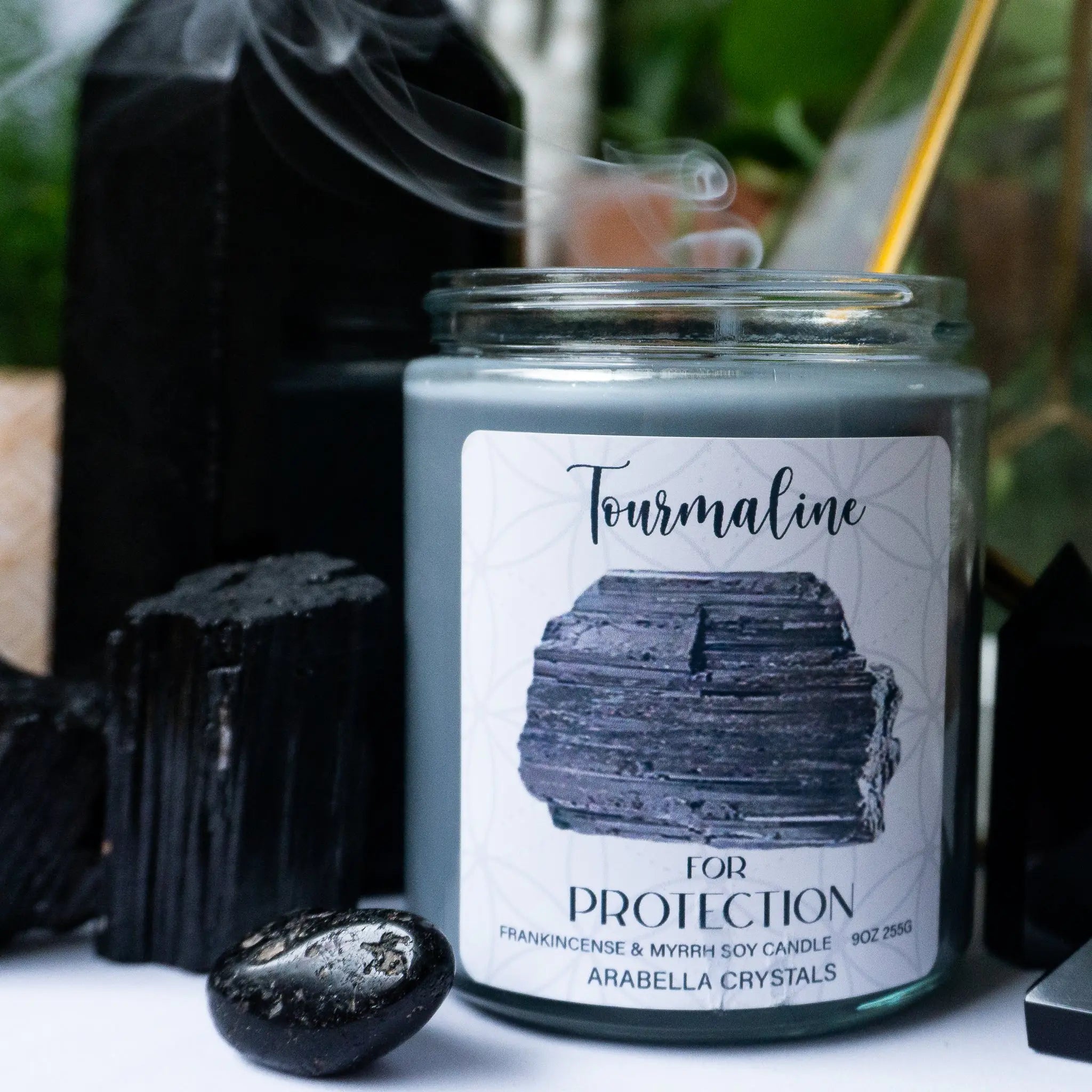 Tourmaline Crystal Candle Notes of: Frankincense, Myrrh & Amber
