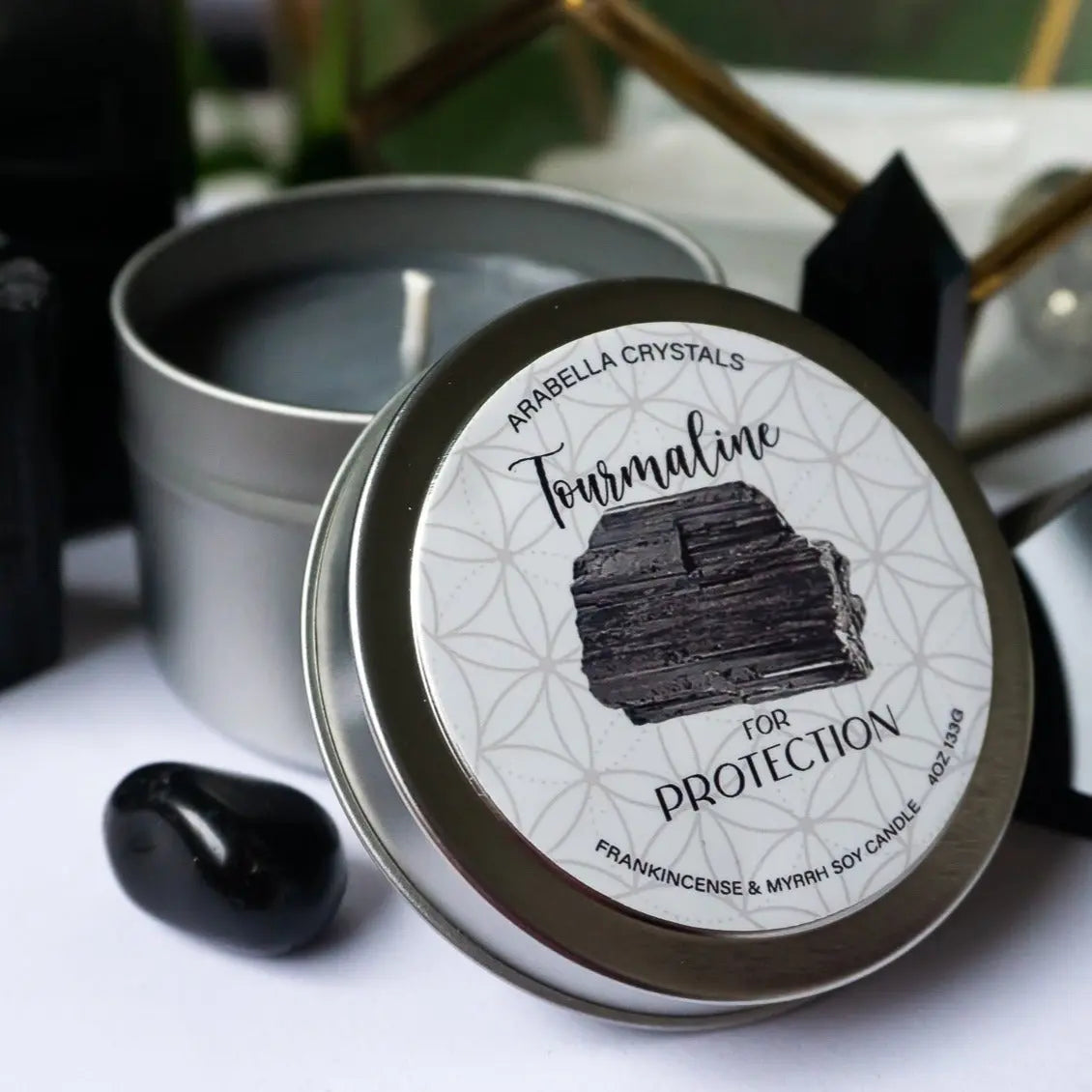 Tourmaline Crystal Candle Tin Notes of: Frankincense, Myrrh & Amber