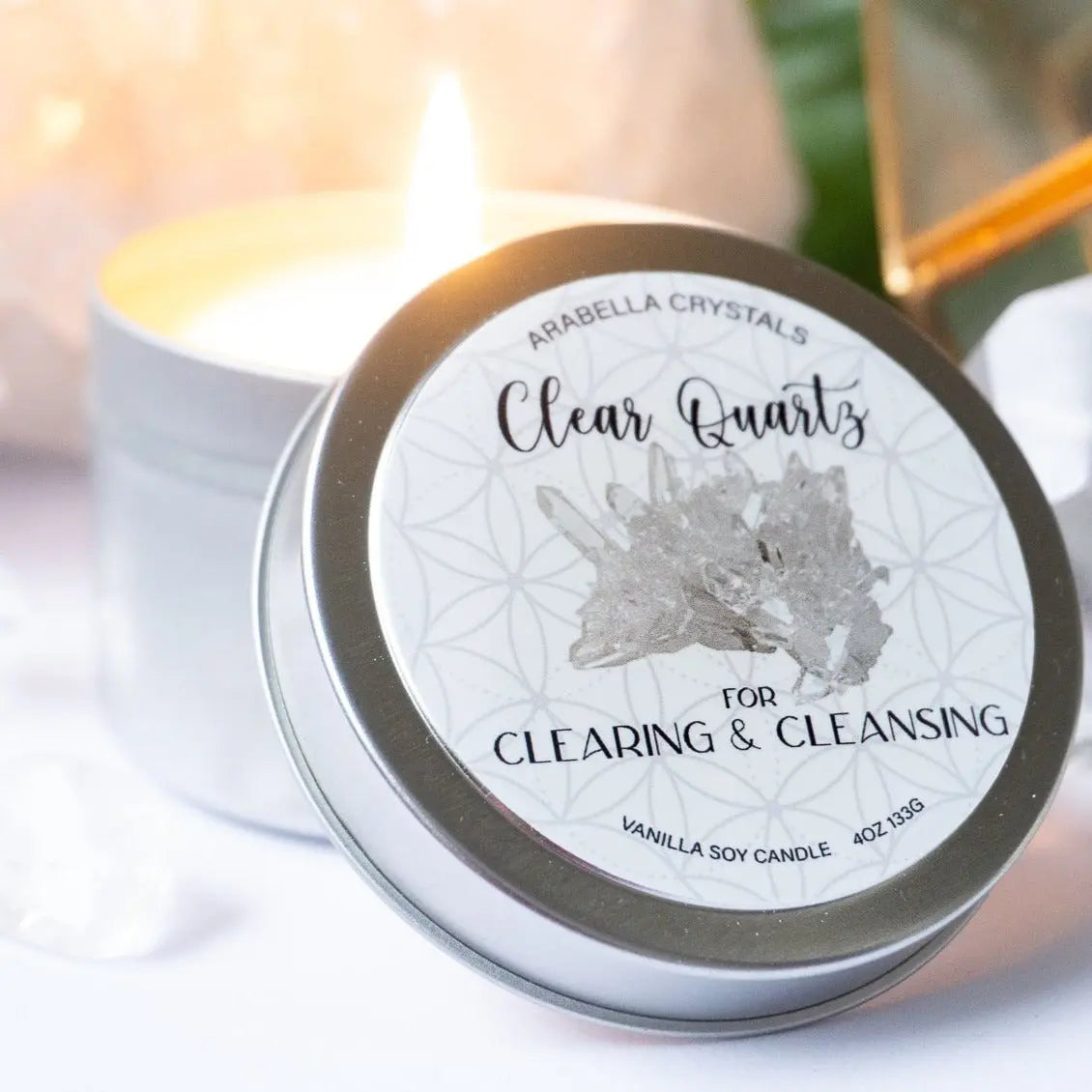 Clear Quartz Crystal Candle Tin Notes of: Buttercream, Vanilla & Sugar