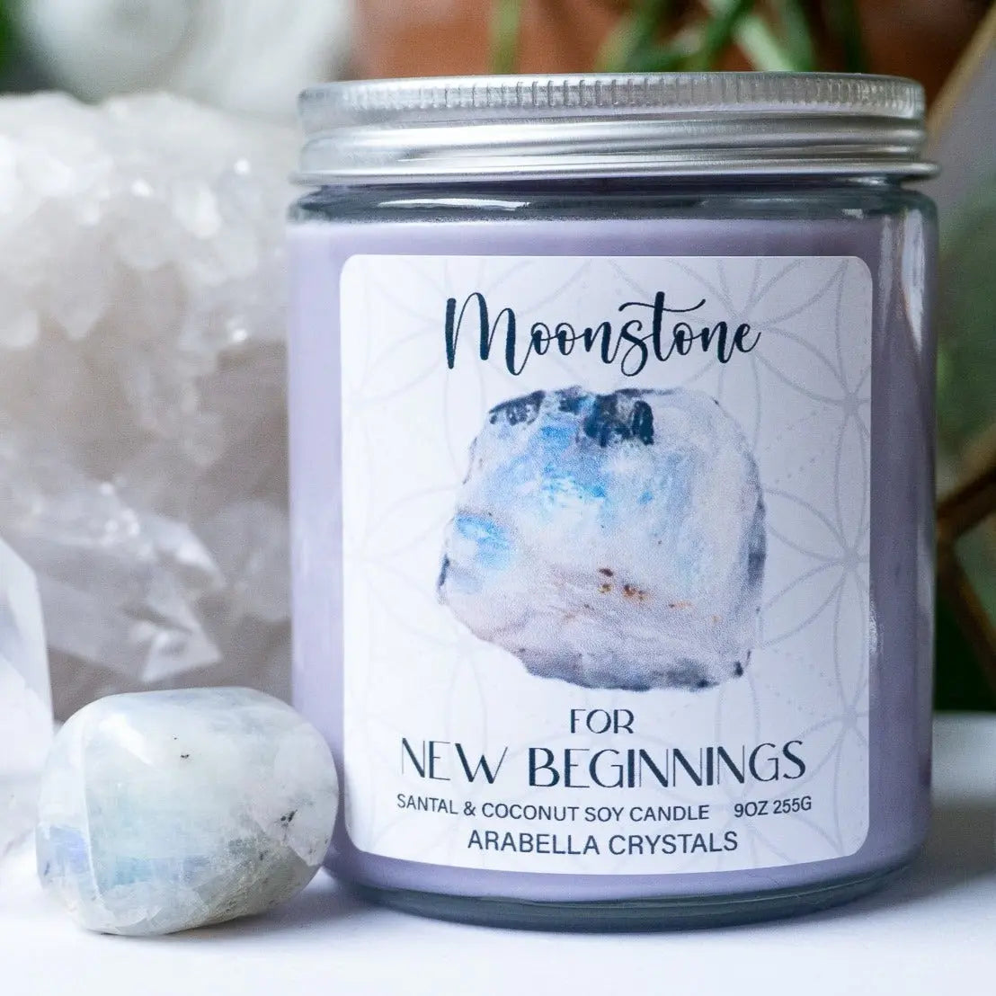 Moonstone Crystal Candle Notes of: Toasted Coconut, Sandalwood & Tonka Bean