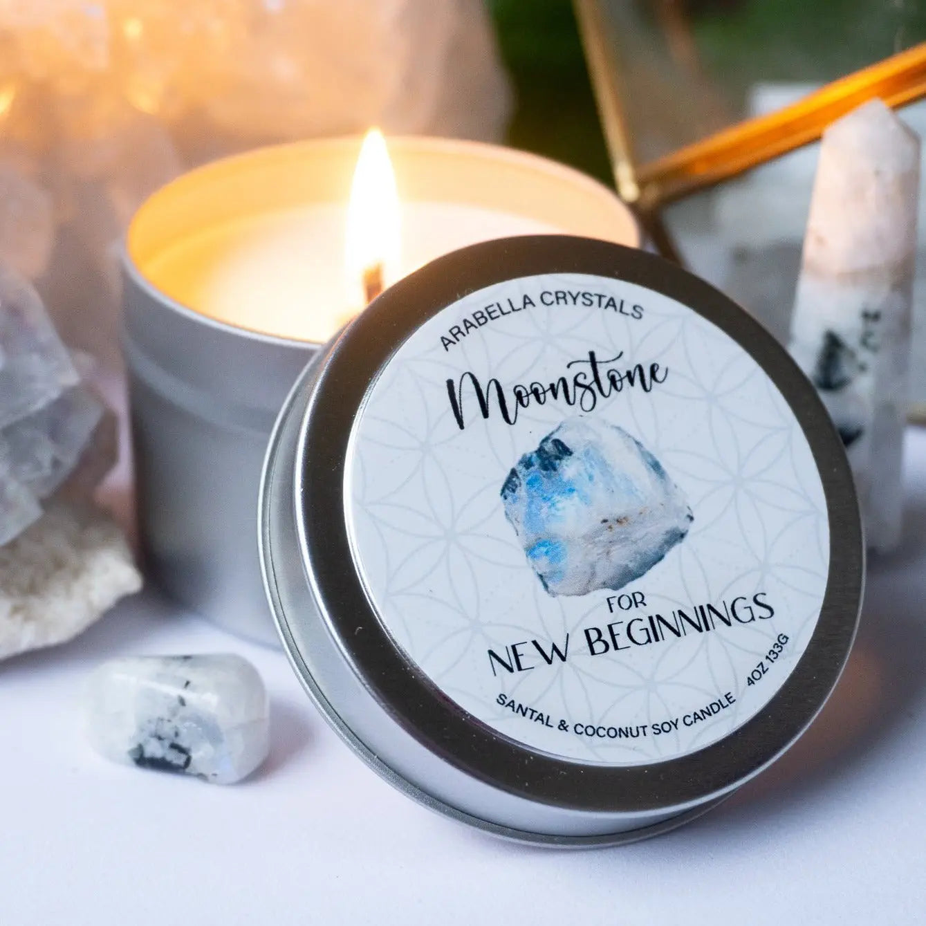 Moonstone Crystal Candle Tin Notes of: Toasted Coconut, Sandalwood & Tonka Bean